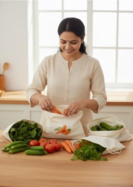 Cotton Vegetable Bag Size 12*12 - 10 Pieces Set (Beige) - Image 5