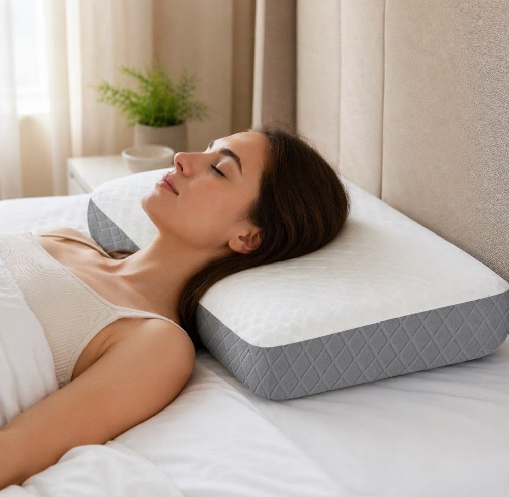 Memory Foam Orthopedic Memory Foam Pillow For Sleeping (White-Grey)