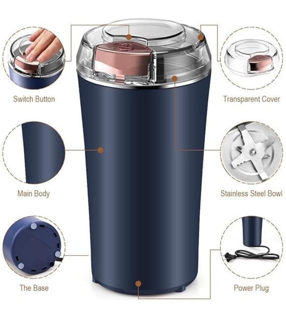 Plastic-Stainless Steel Electric Coffee Bean Grinder (Navy Blue) - Image 5